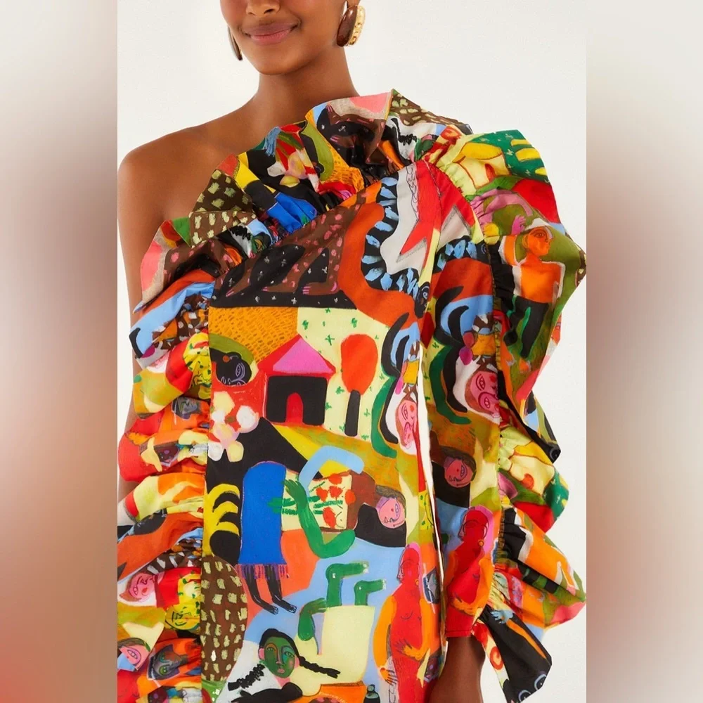 Farm Rio: Ana Leovy Farm Rio Organic Cotton One Shoulder Mini Dress - Picture 5 of 14